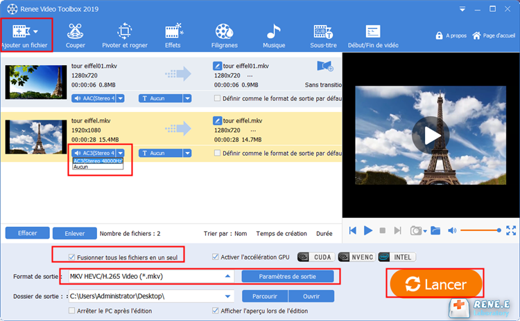 joindre les 2 fichiers MKV avec Renee Video Editor Pro