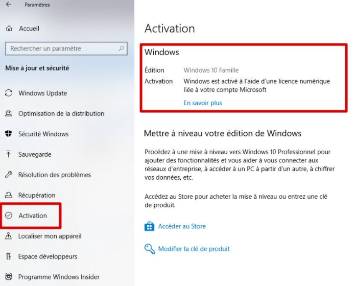 l'activation de Windows 10