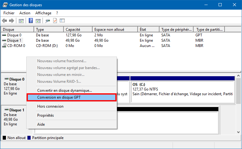 la conversion de disque MBT en GPT