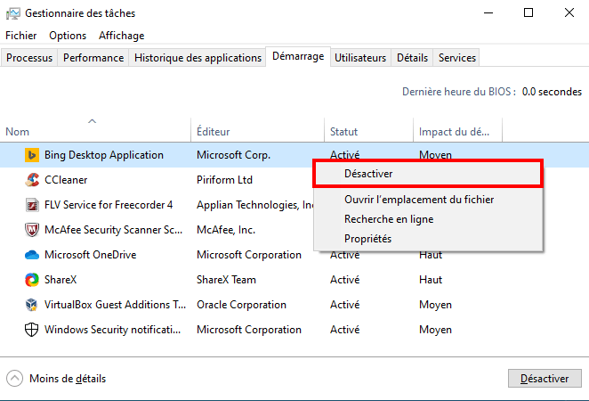 désactiver au démarrage de Windows