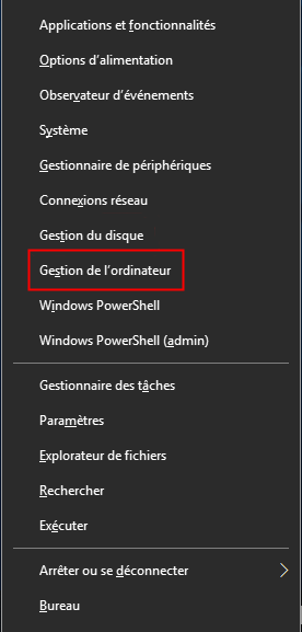 trouver la gestion de l'ordinateur dans le menu