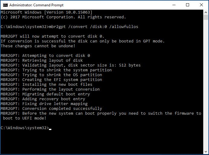 saisir les invites de commandes pour convertir le disque MBR en GPT