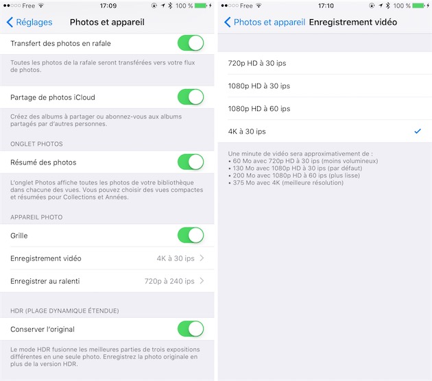 réglages pour l'enregistrement vidéo sur iPhone
