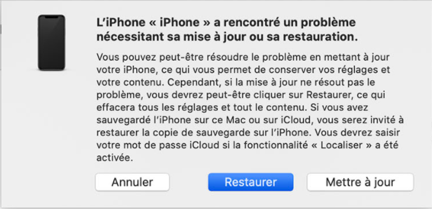 iPhone renconte un prblème qui nécessite une mise à jour ou la restauration