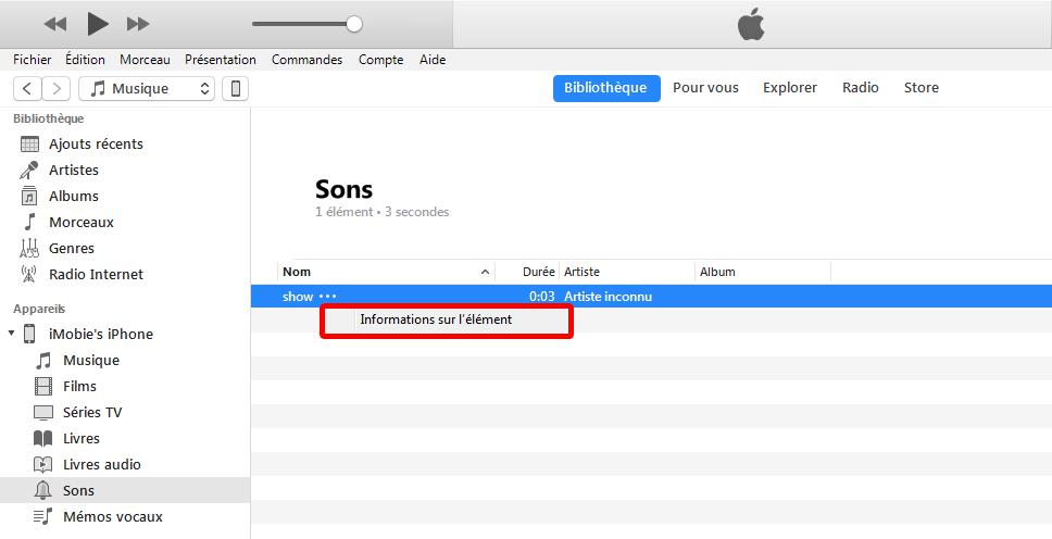 vérifier la sonnerie dans iTunes