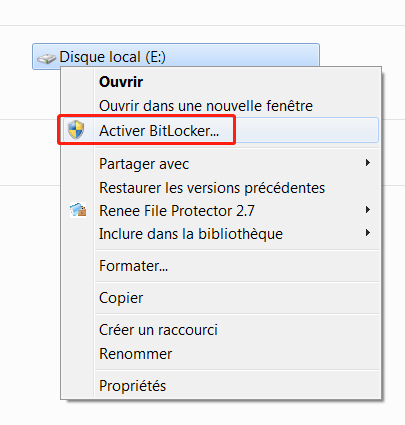 activer bitlocker avec le menu contextuel