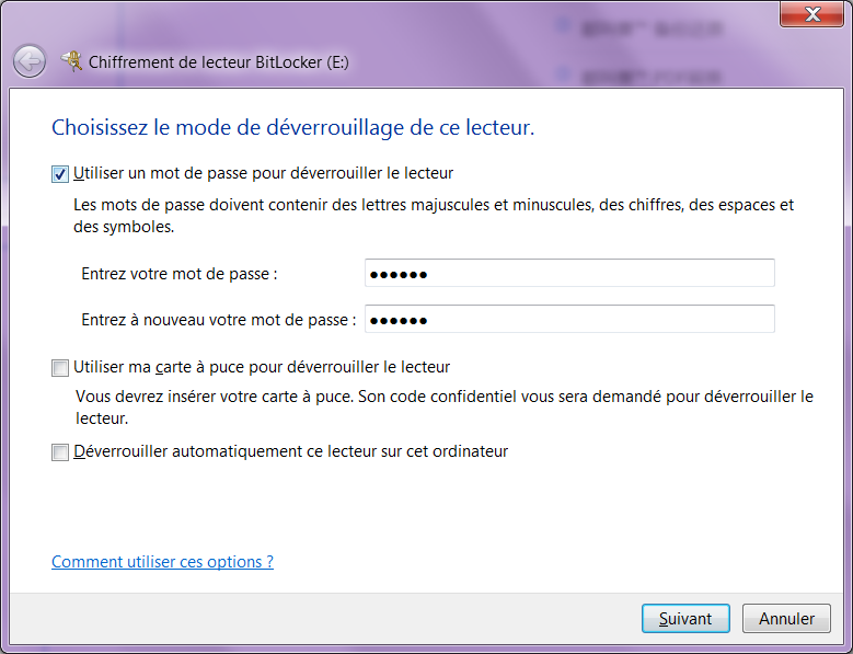 définir le mot de passe pour bitlocker