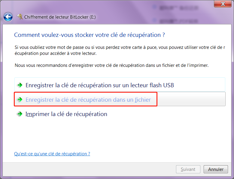 enregistrer la clé de récupération