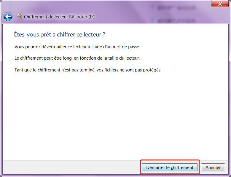 démarrer le chiffrement avec BitLocker