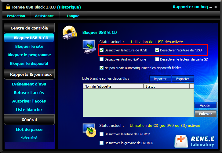 désactiver la lecture et l'écriture de l'USB