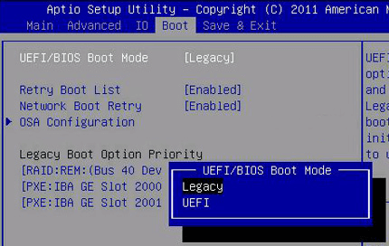 boot mode en Legacy