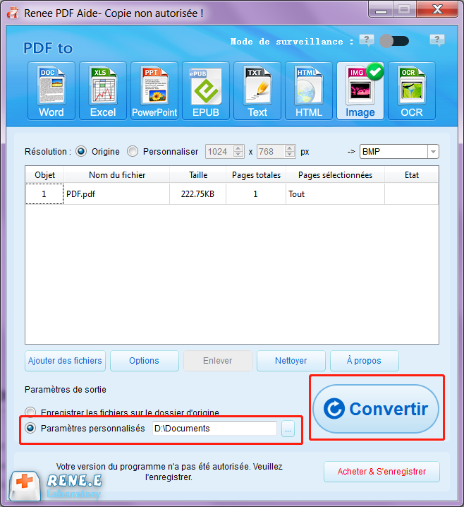 lancer la conversion de PDF en BMP
