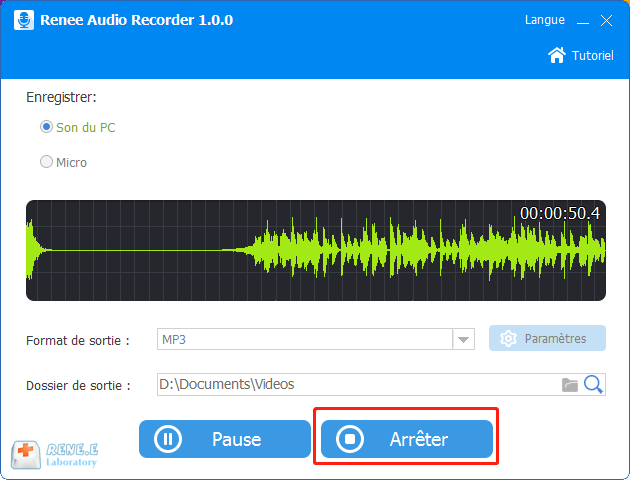 Arrêter l'enregistrement audio dans Renee Audio Tools