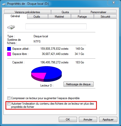 désactiver l'indexation des fichiers
