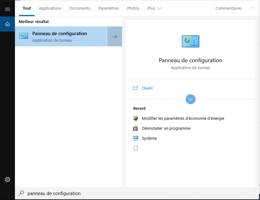 ouvrir le Panneau de configuration