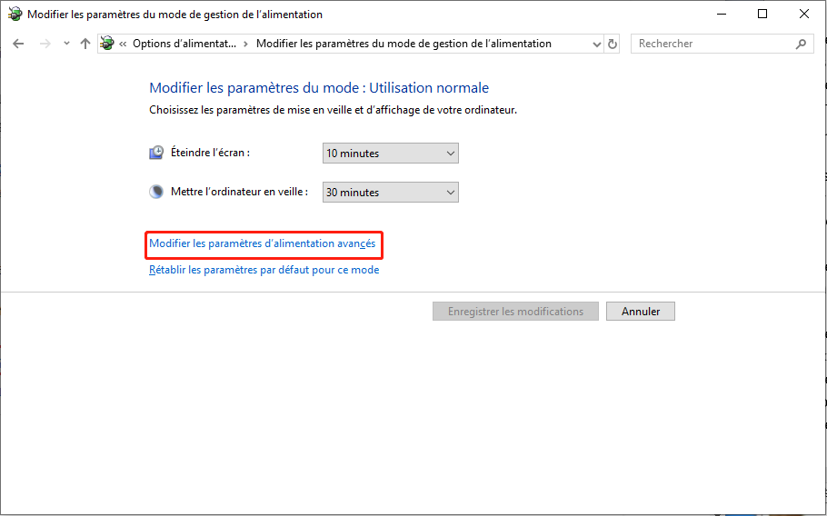Modifier les paramètres d’alimentation avancés