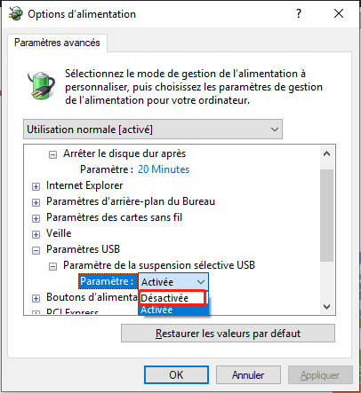 Paramètre de la suspension sélective USB