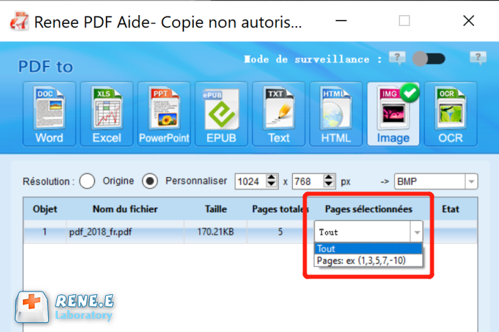 PDF en image pages selectionnee