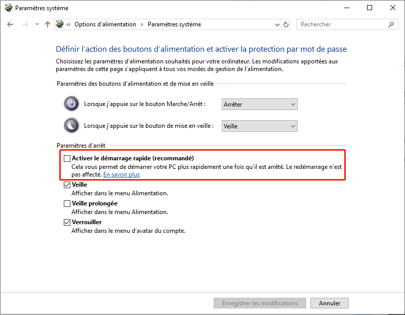 décocher l'option Activer le démarrage rapide