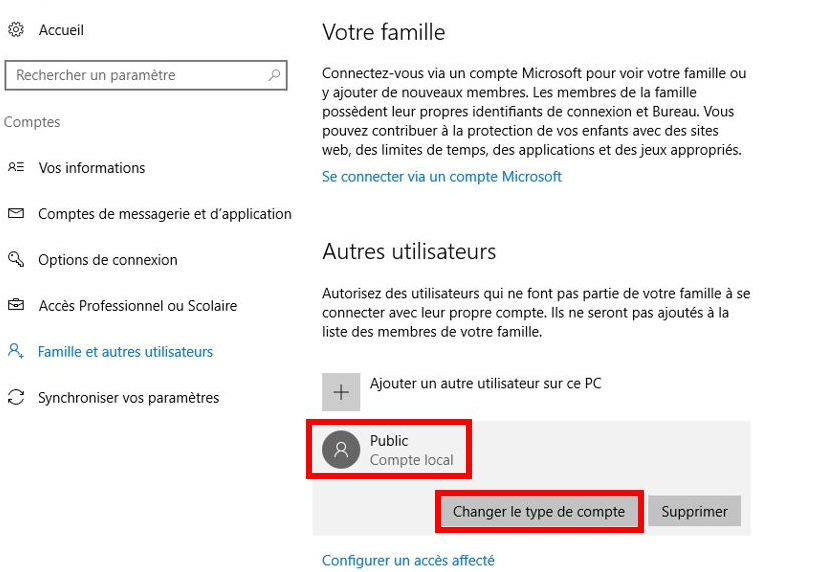 changer le type de compte sous Windows