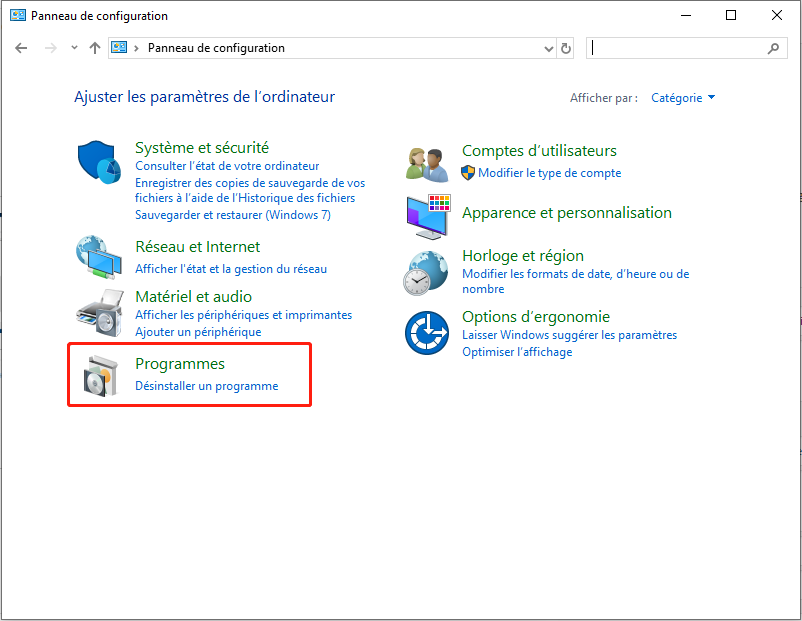 cliquer sur Désinstaller les programmes