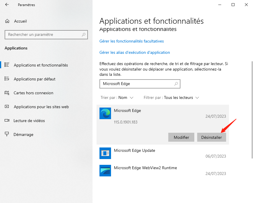 désinstaller Microsoft Edge