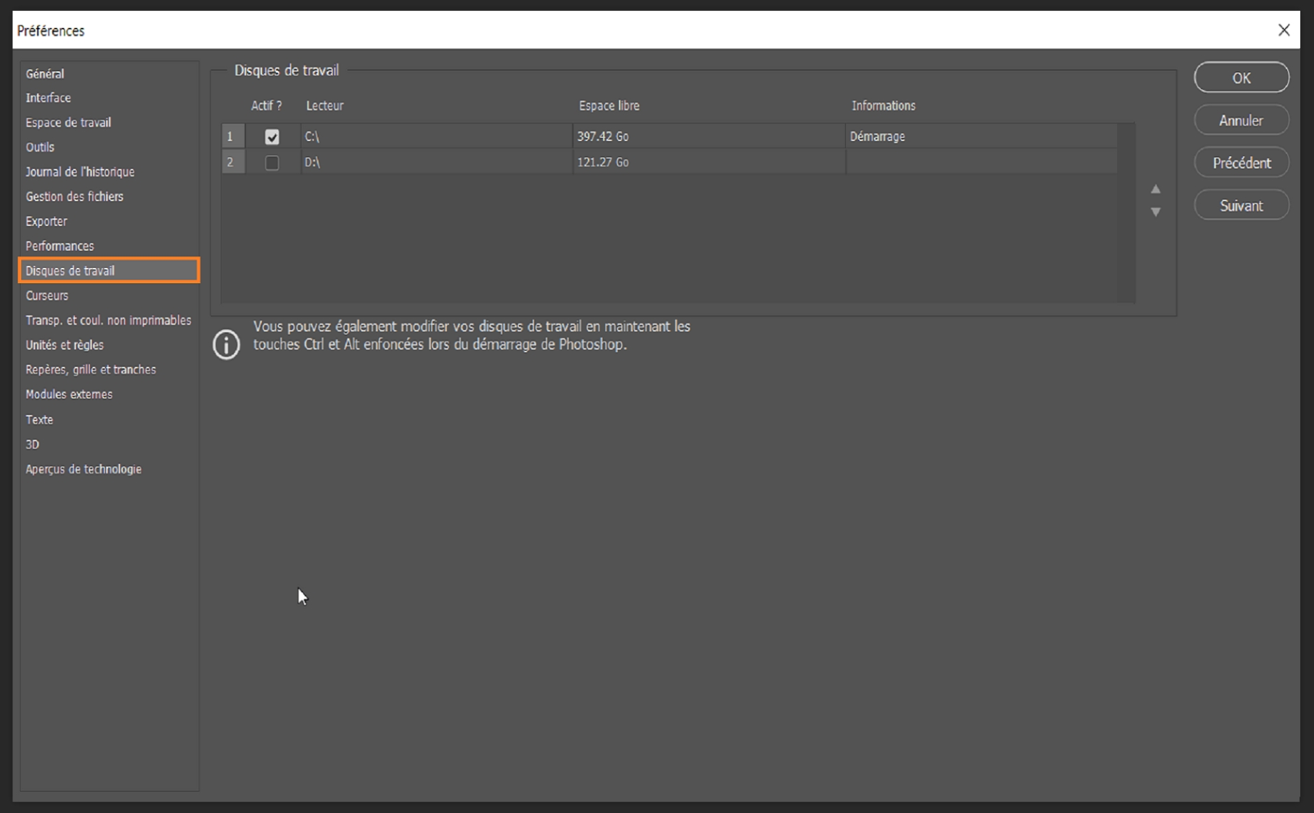 modifier le disque de travail de Photoshop