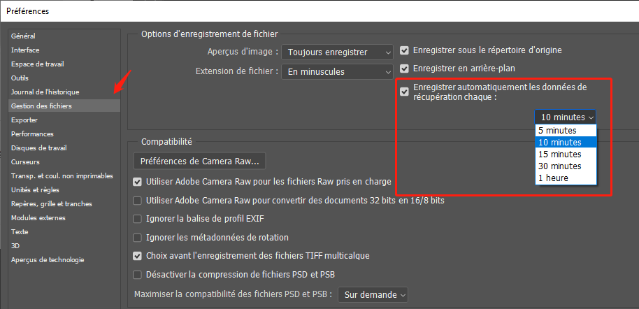 enregistrement automatique sur Photoshop