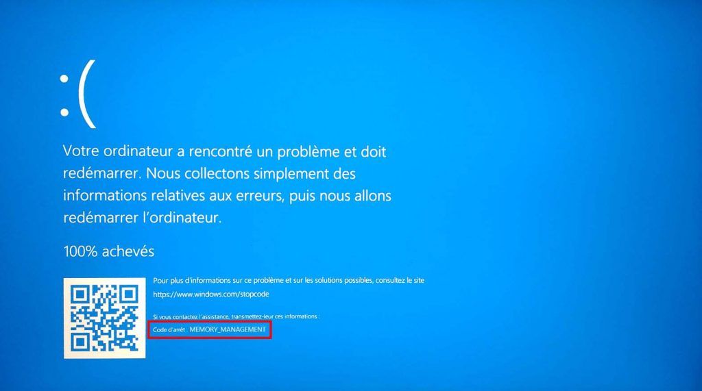 erreur de l'écran bleu Memory Management sous Windows