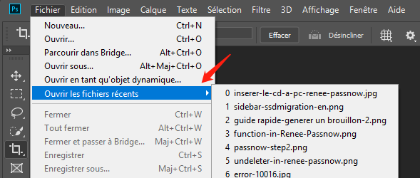 ouvrir les fichiers récents de Photoshop