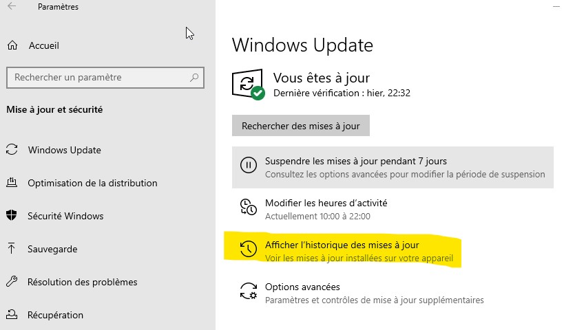 afficher l'historique des mises à jour