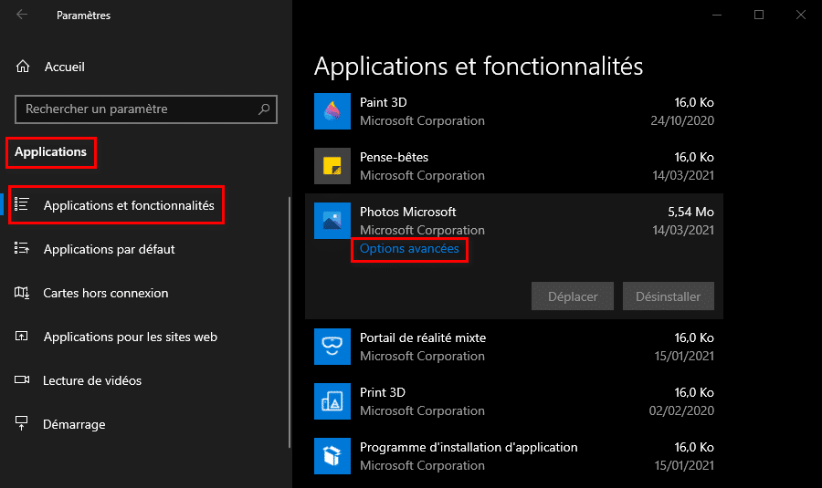options avancées sous Microsoft Photos