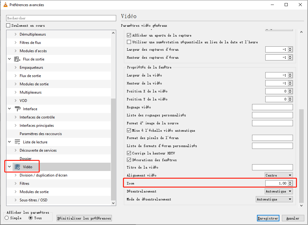 paramètres de zoom de la vidéo