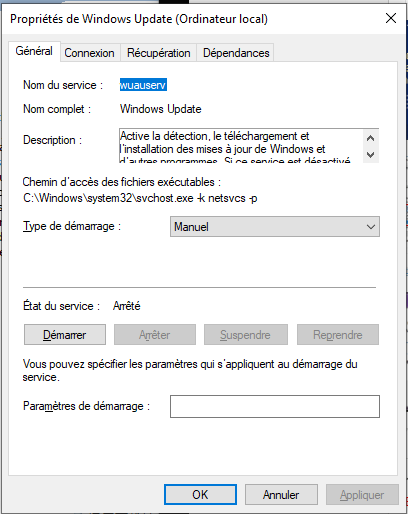 propriétés de Windows Update