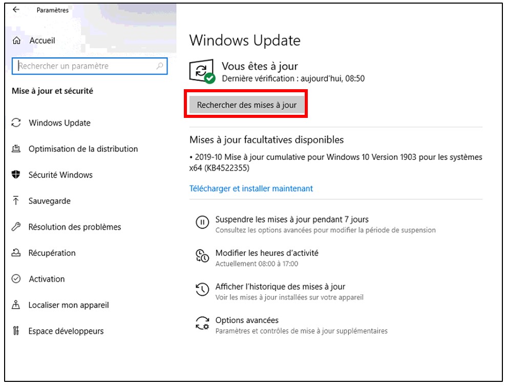 Rechercher des mises à jour de Windows 10