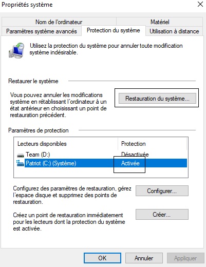 restauration du système sous Windows