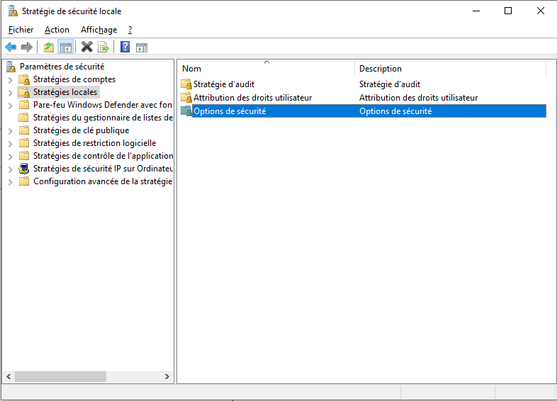 cliquer sur options de sécurité sous la stratégies locales