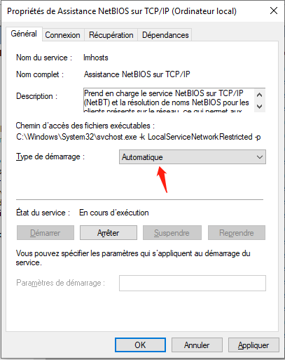 type de démarrage d'Assistance NetBIOS sur TCP/IP