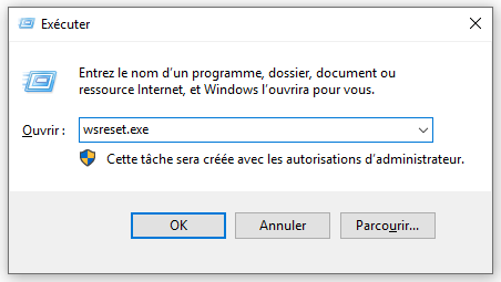 taper la commande wsreset.exe