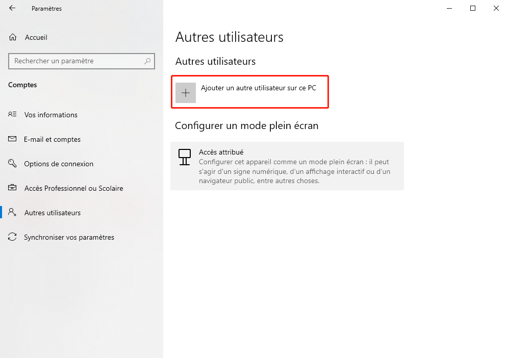 cliquer sur l'option Ajouter un autre utilisateur