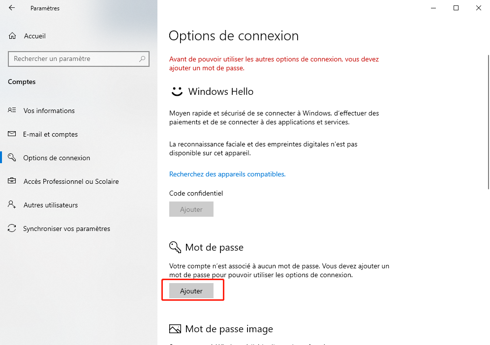 ajouter un mot de passe Windows avec les paramètres de Windows