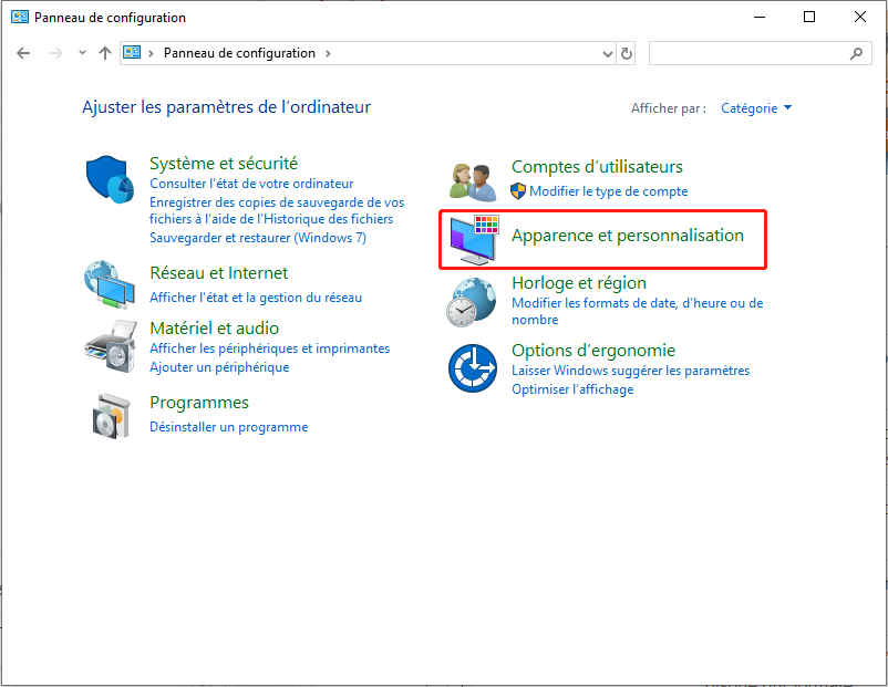 cliquer sur Apparence et personnalisation