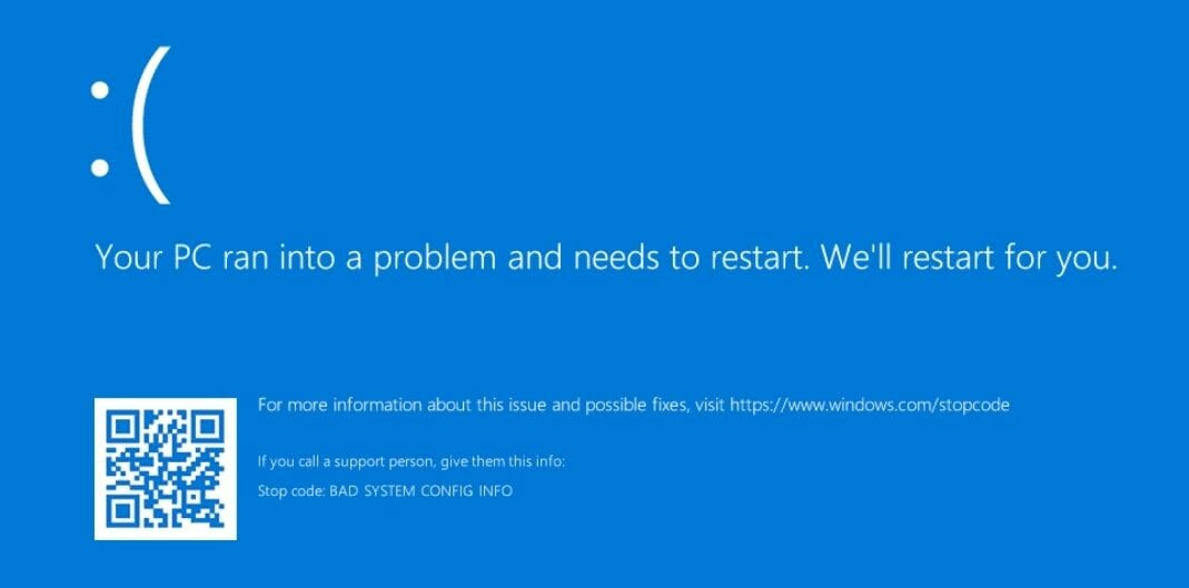 écran bleu de bad system config info