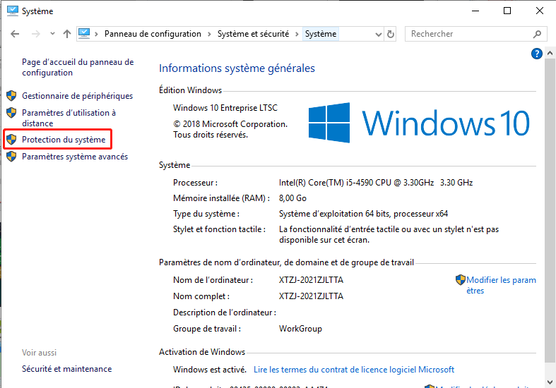 cliquer sur le bouton Protection du système