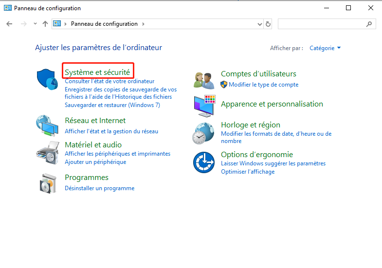 cliquer sur Système et sécurité