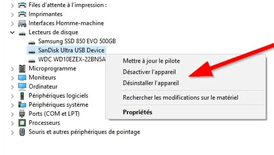 désinstaller le périphérique USB