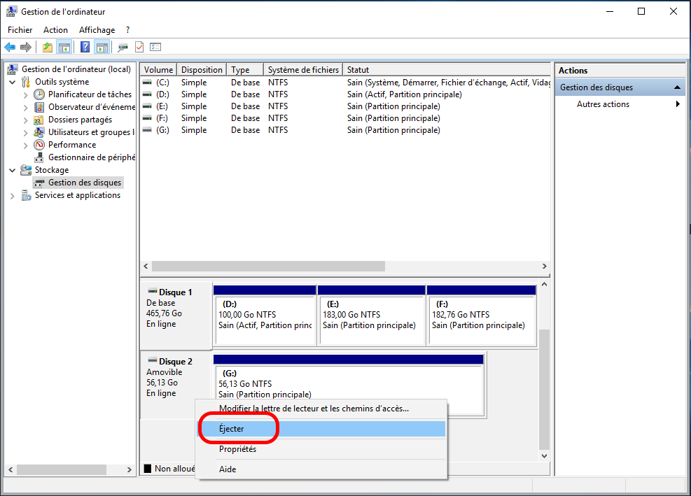 éjecter un disque dans la Gestion des disques