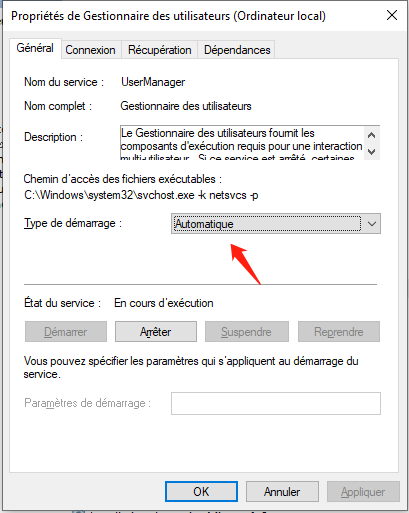 type de démarrage du gestionnaire des utilisateurs
