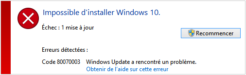 impossible d'installer Windows 10
