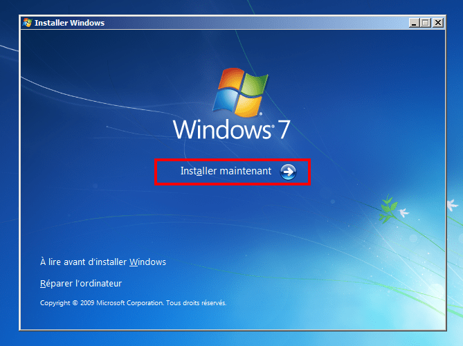 lancer l'installation de Windows 7